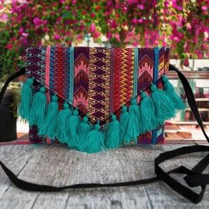 Ethnic Boho Large Clutch Suede Wristlet Bag Handmade Embroidery Tassels Indi NEW